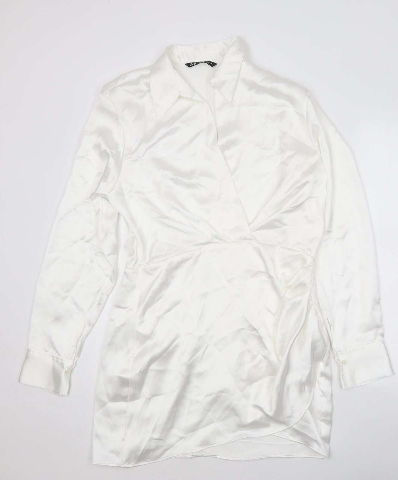 Zara Womens White Polyester Shirt Dress Size L V-Neck Zip