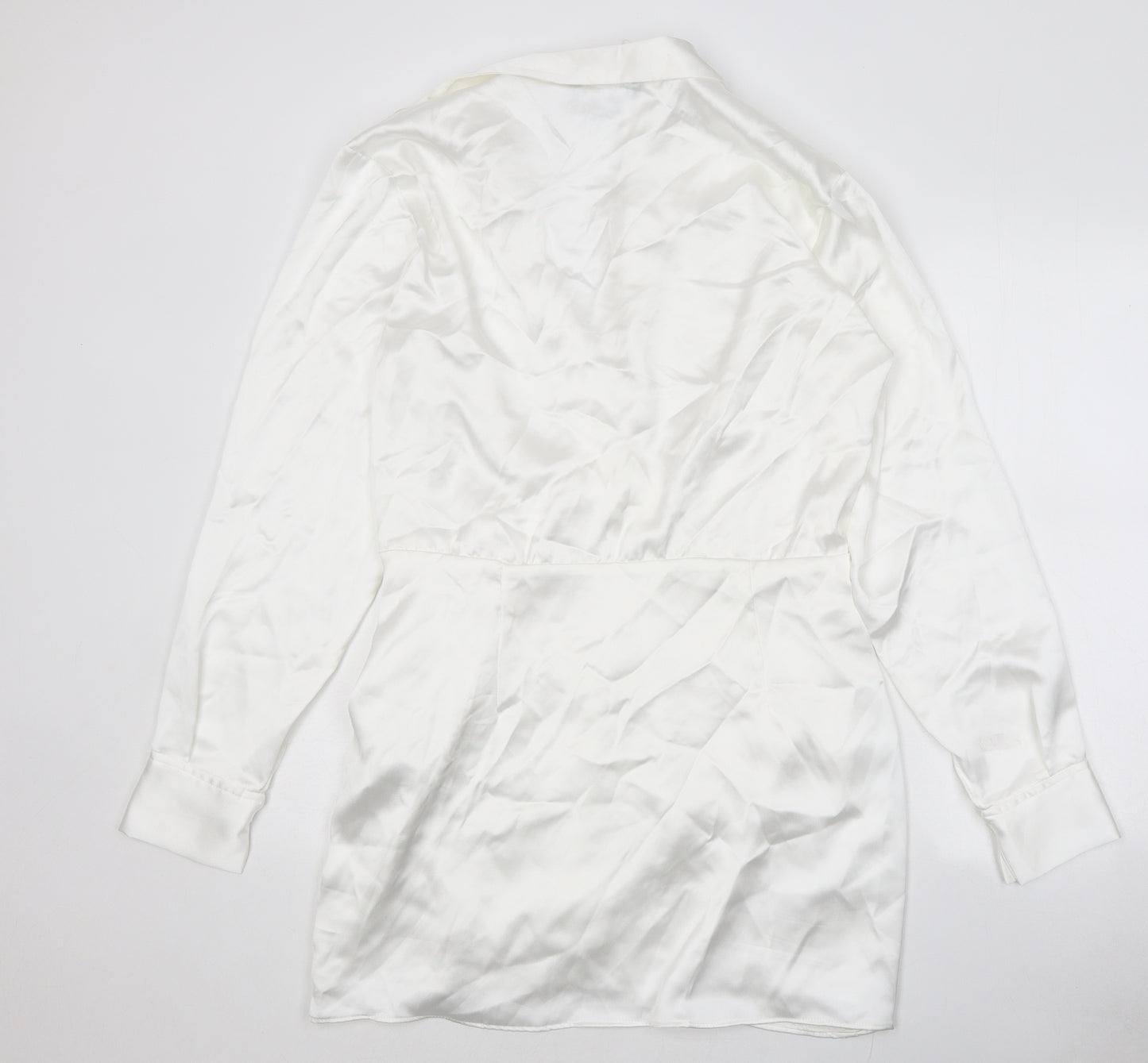 Zara Womens White Polyester Shirt Dress Size L V-Neck Zip