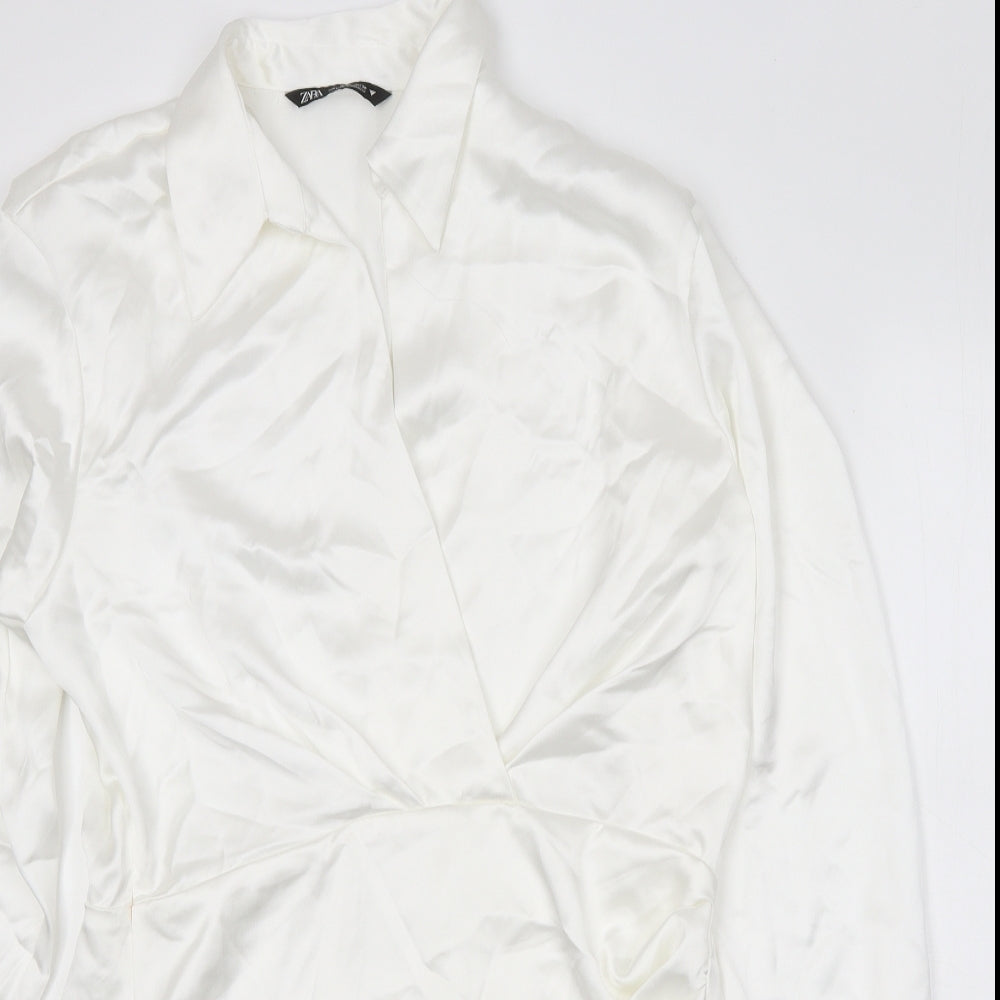 Zara Womens White Polyester Shirt Dress Size L V-Neck Zip