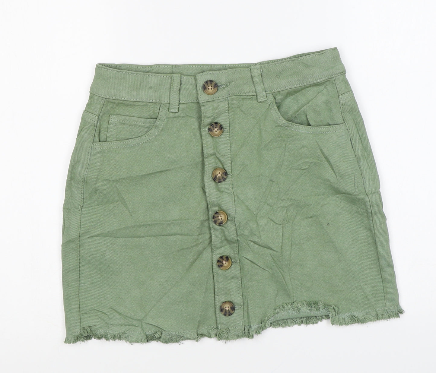 Marks and Spencer Girls Green Cotton Mini Skirt Size 12-13 Years Regular Button