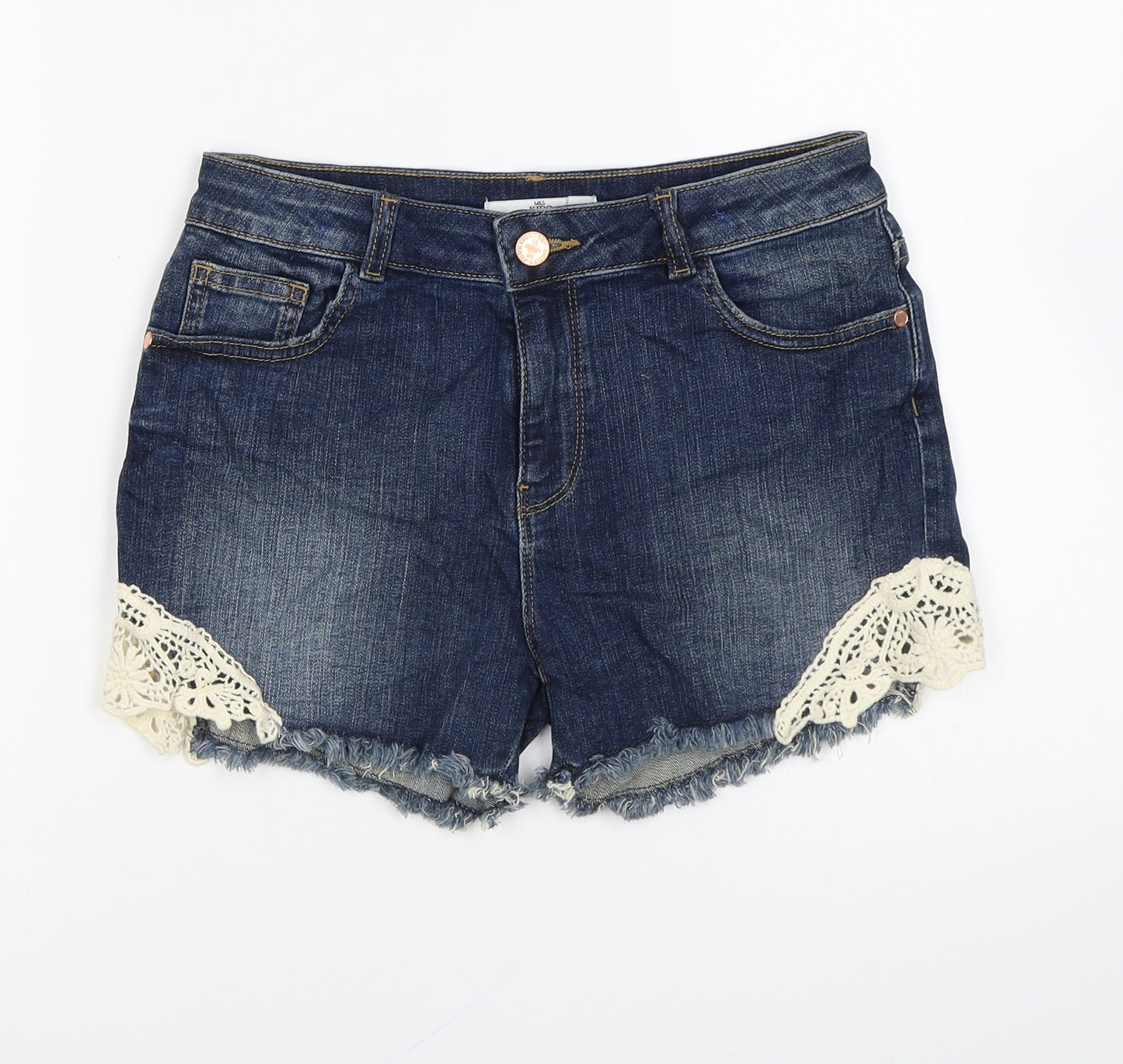 Marks and Spencer Girls Blue Cotton Hot Pants Shorts Size 10-11 Years Regular Zip - Lace Detail