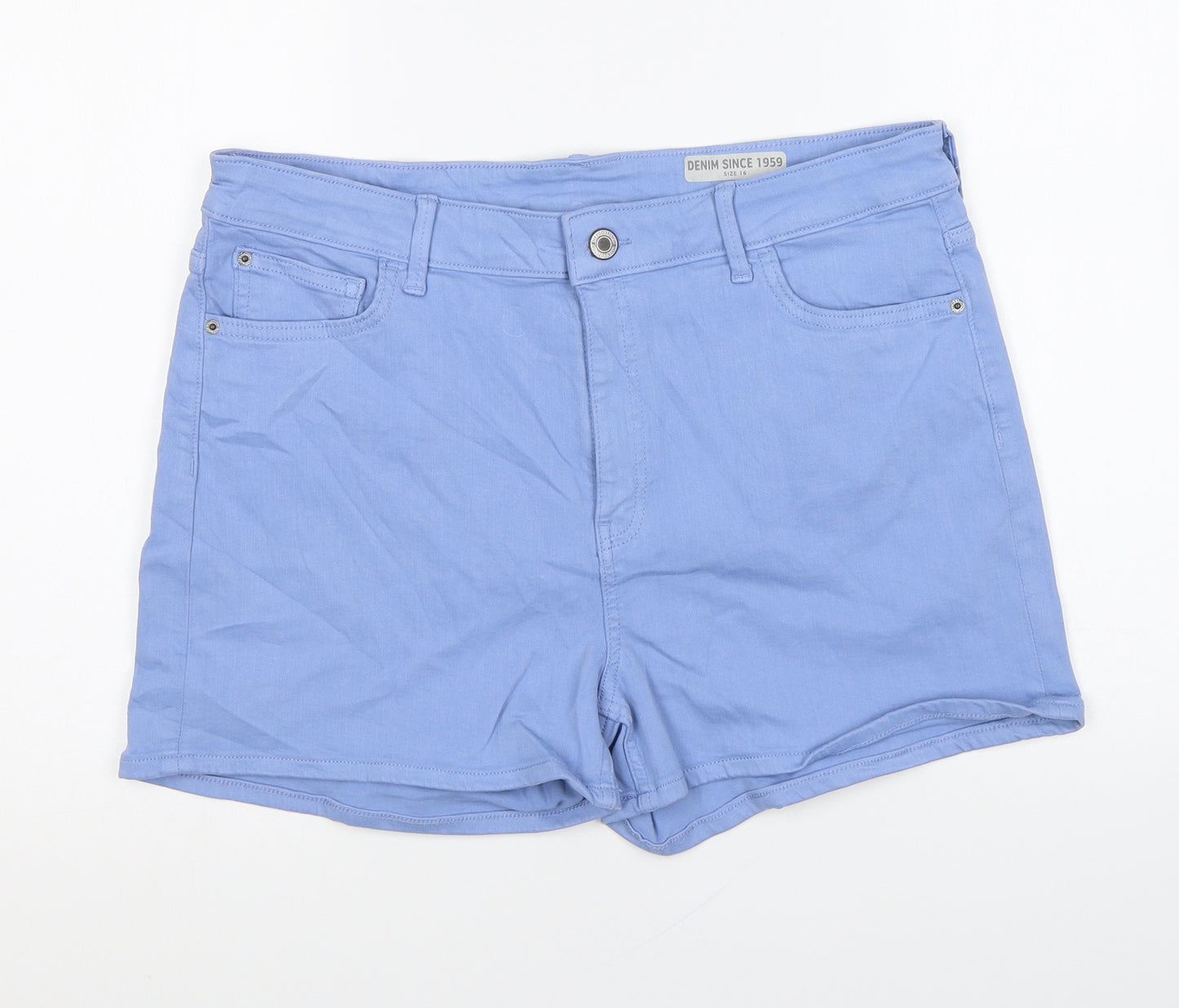 Marks and Spencer Womens Blue Cotton Hot Pants Shorts Size 16 L4 in Regular Zip