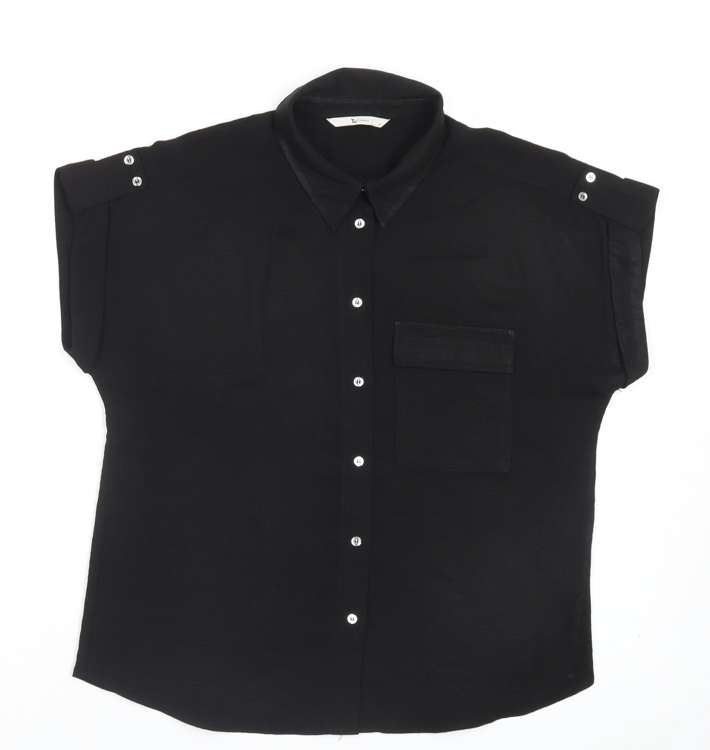 TU Womens Black Polyester Basic Button-Up Size 12 Collared - Pocket Detail