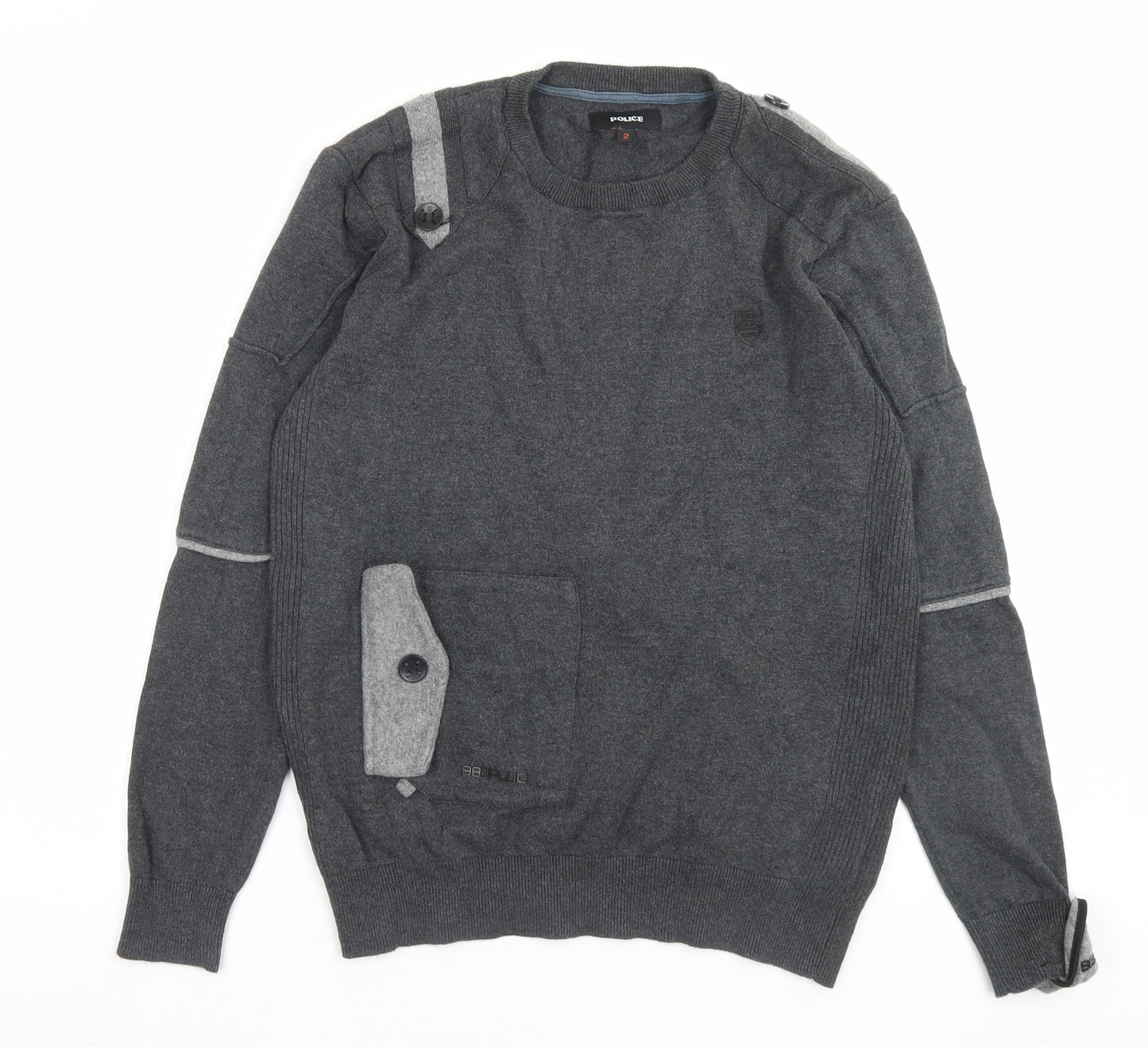 Police Mens Grey Crew Neck Cotton Pullover Jumper Size S