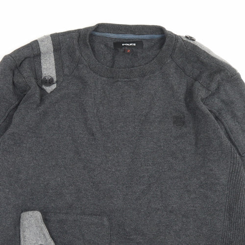 Police Mens Grey Crew Neck Cotton Pullover Jumper Size S