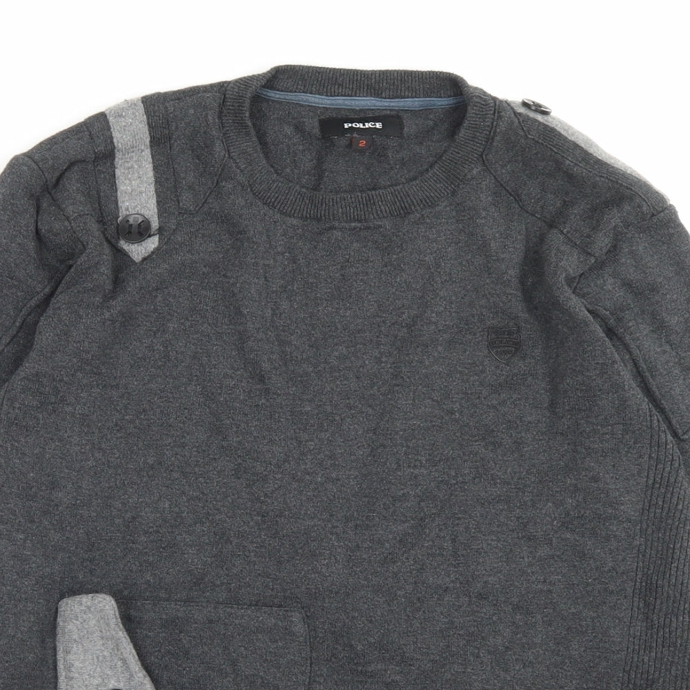 Police Mens Grey Crew Neck Cotton Pullover Jumper Size S