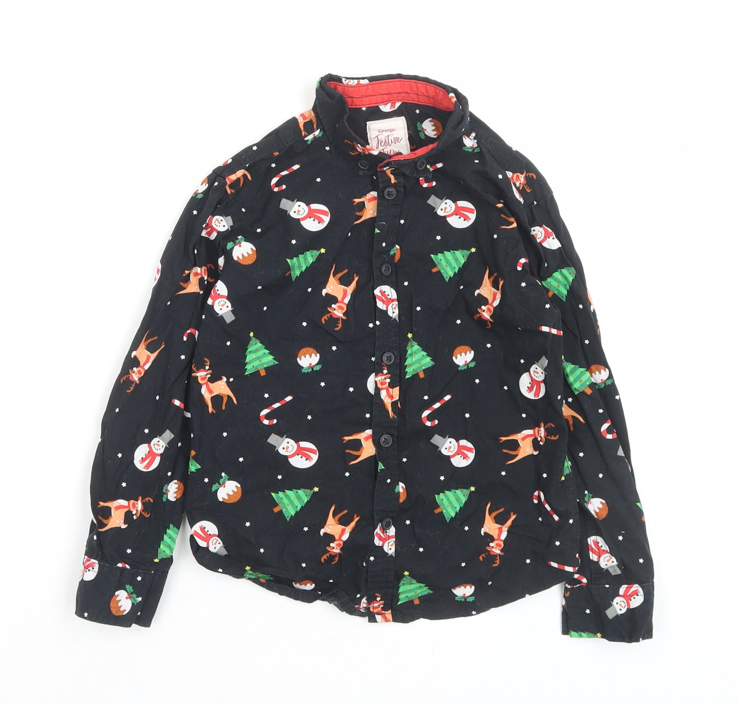 George Boys Black Geometric Cotton Basic Button-Up Size 4-5 Years Collared Button - Christmas