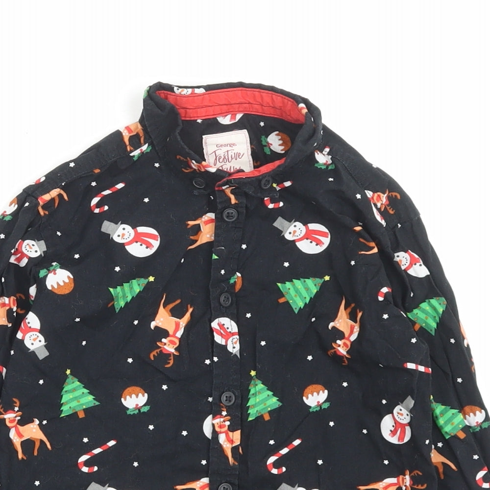 George Boys Black Geometric Cotton Basic Button-Up Size 4-5 Years Collared Button - Christmas