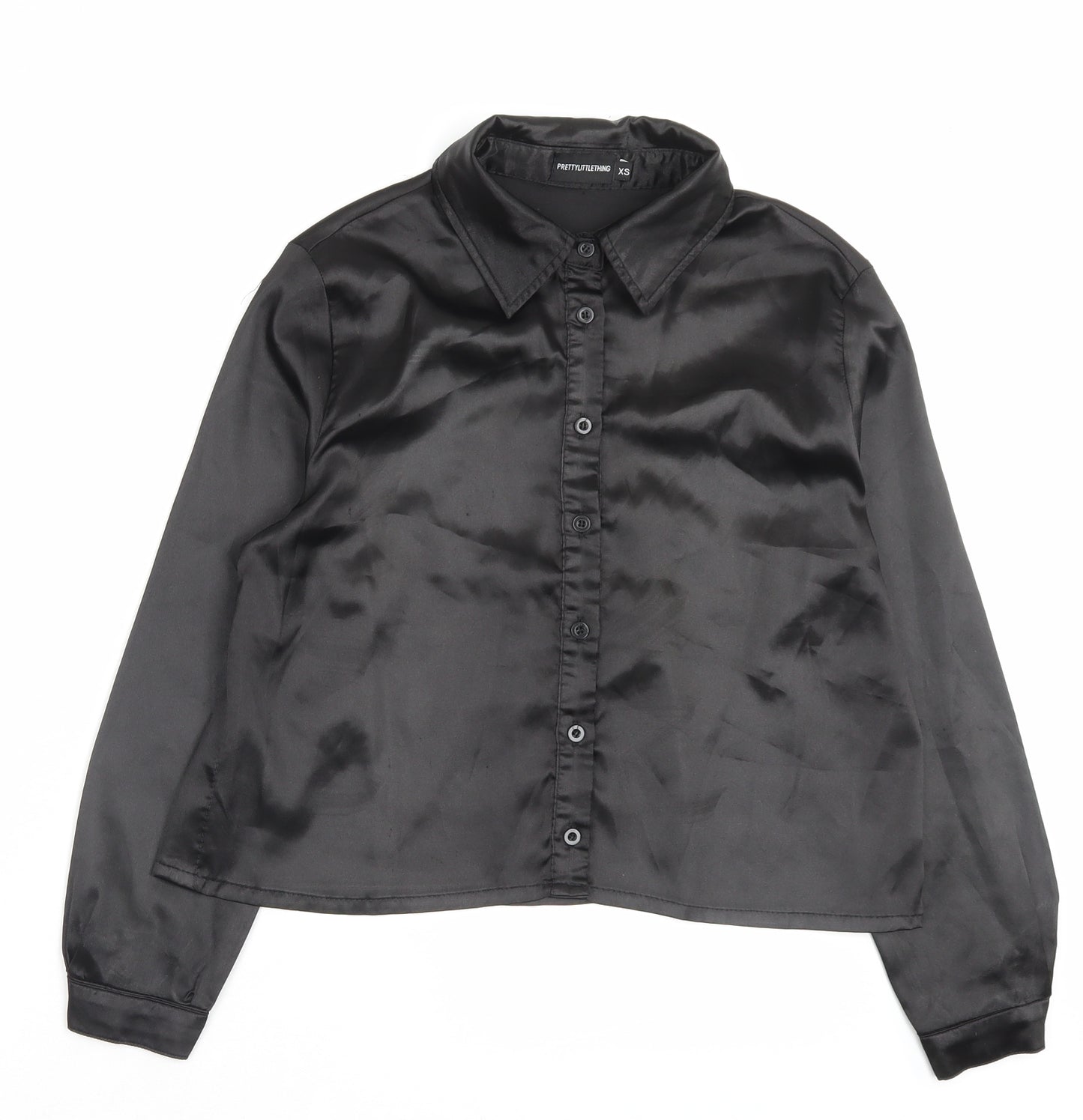 PRETTYLITTLETHING Womens Black Polyester Basic Button-Up Size XS Collared - Wet Look