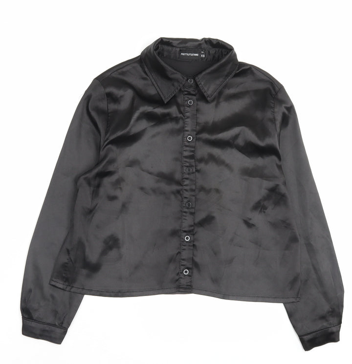PRETTYLITTLETHING Womens Black Polyester Basic Button-Up Size XS Collared - Wet Look