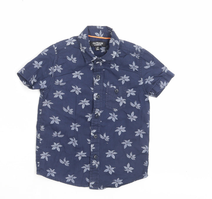 Outrage London Boys Blue Geometric Cotton Basic Button-Up Size 3-4 Years Collared Button - Leaf Pattern