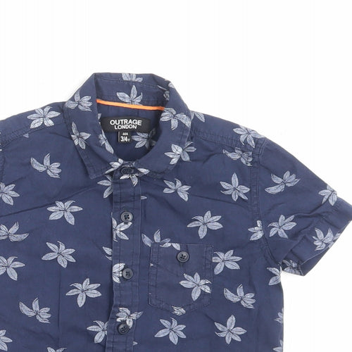 Outrage London Boys Blue Geometric Cotton Basic Button-Up Size 3-4 Years Collared Button - Leaf Pattern
