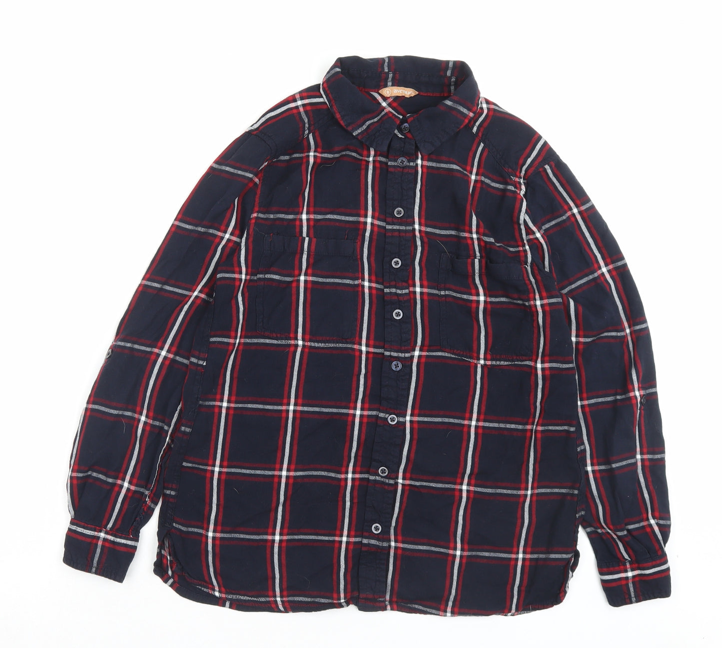 Avenue Womens Blue Plaid Viscose Basic Button-Up Size 8 Collared