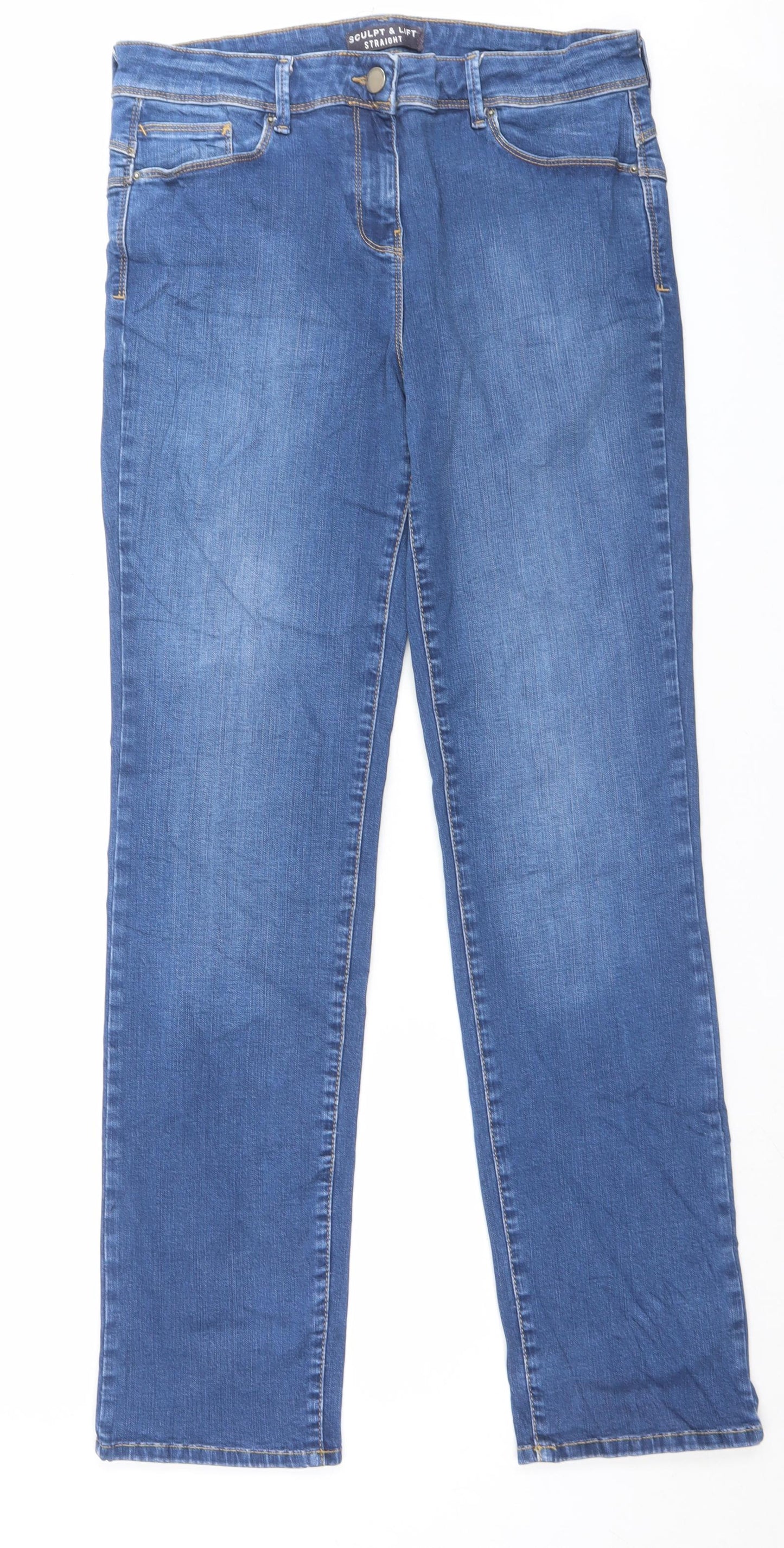Marks and Spencer Womens Blue Cotton Straight Jeans Size 14 L31 in Regular Button - Sculpt & Lift