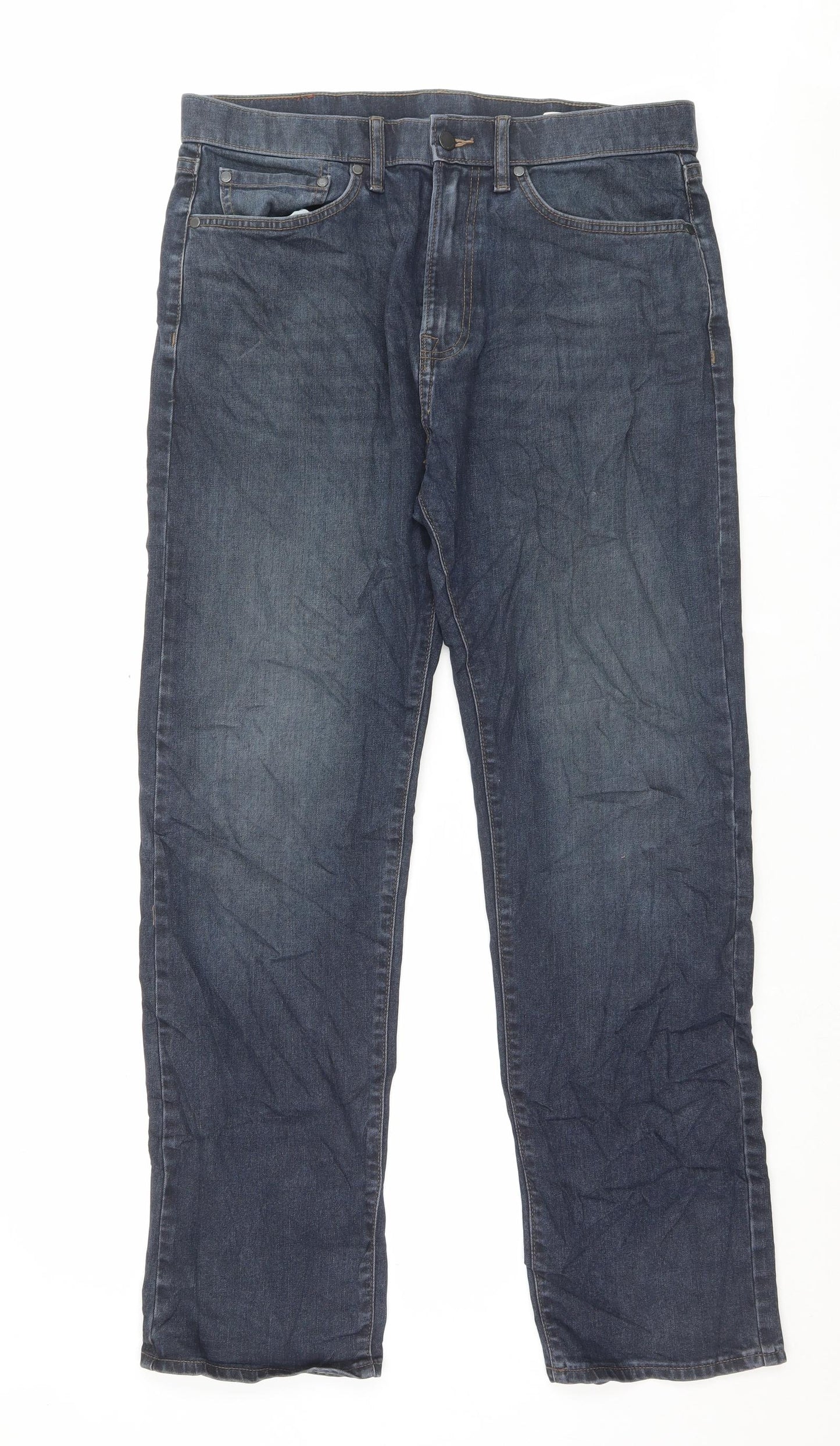 Marks and Spencer Mens Blue Cotton Straight Jeans Size 34 in L31 in Regular Button