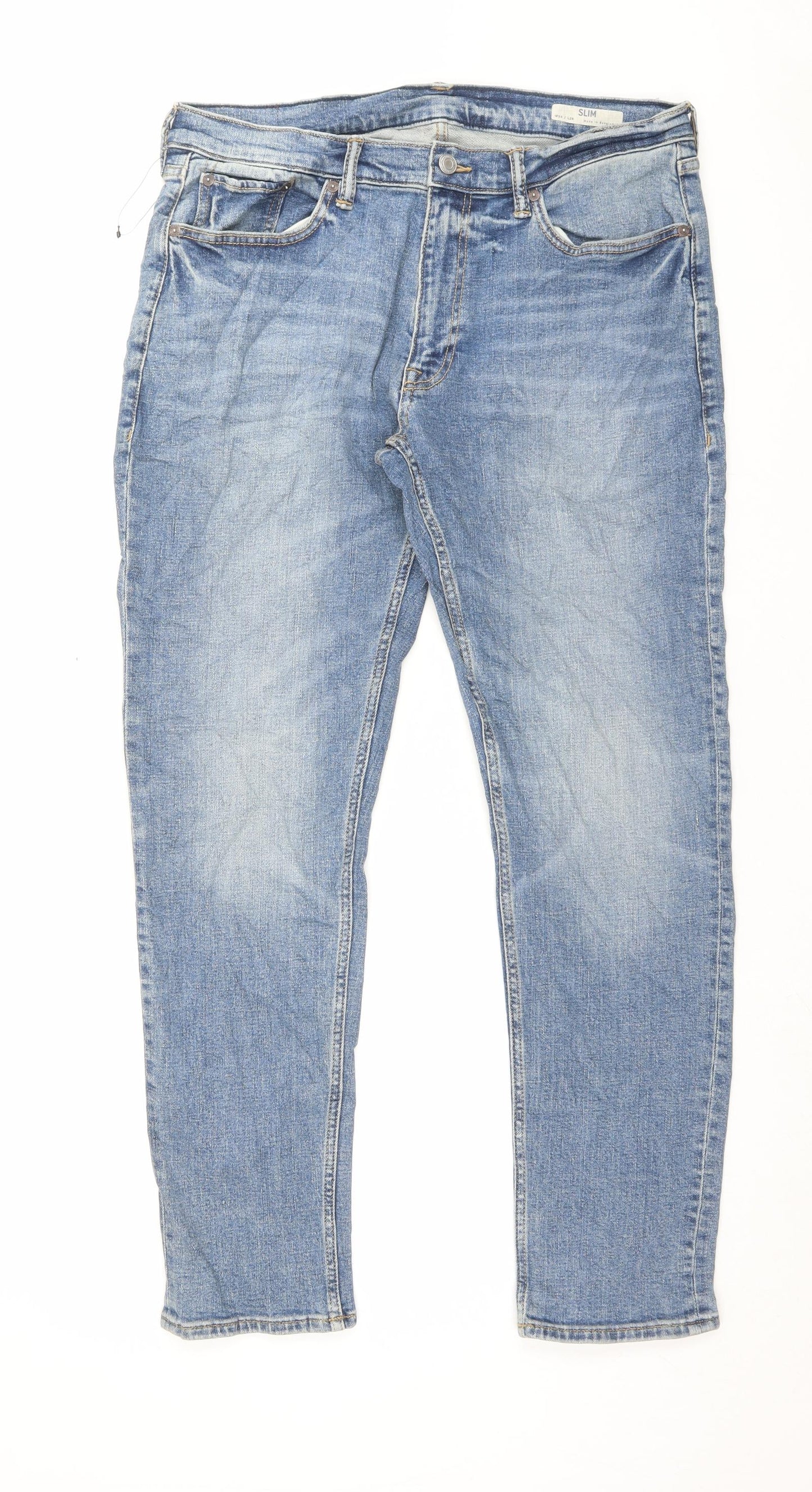 Marks and Spencer Mens Blue Cotton Straight Jeans Size 34 in L29 in Regular Button - Short Leg