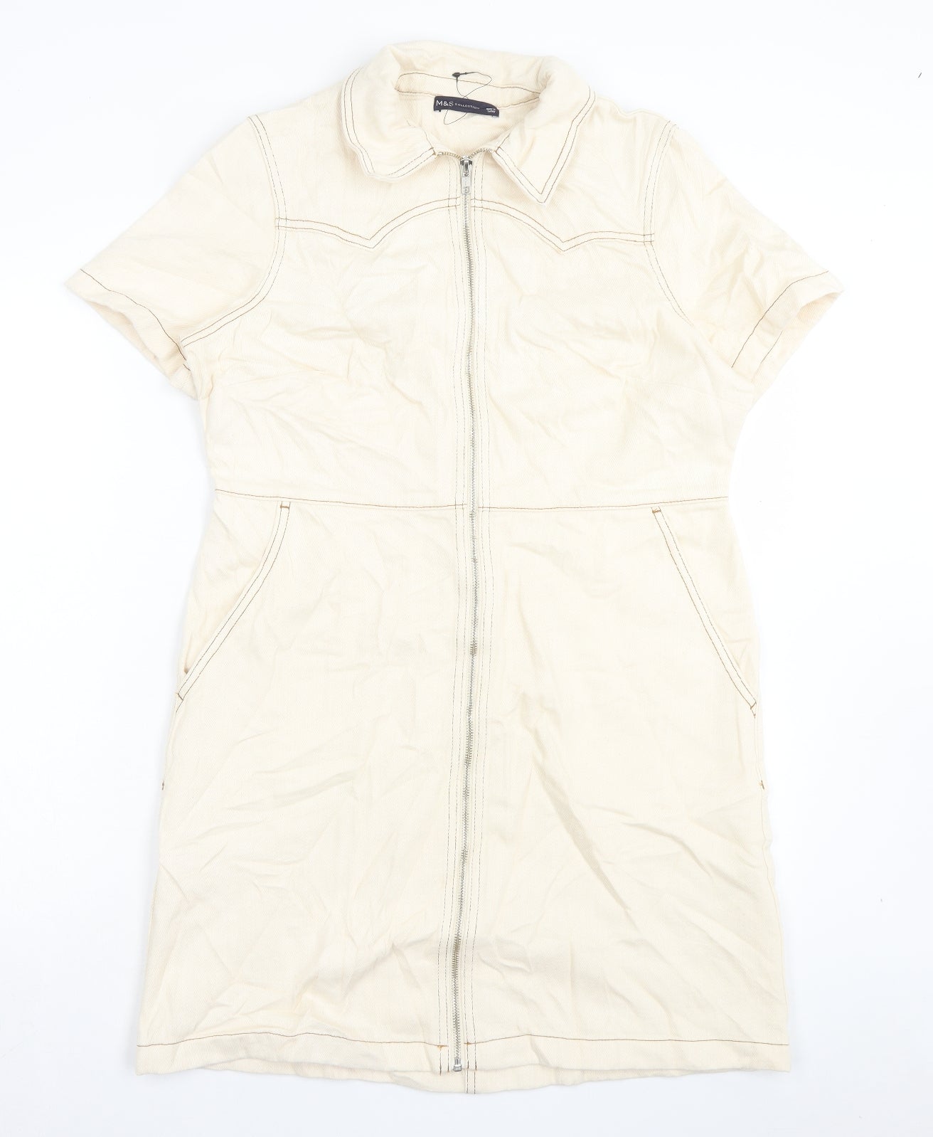 Marks and Spencer Womens Beige Cotton A-Line Size 14 Collared Zip