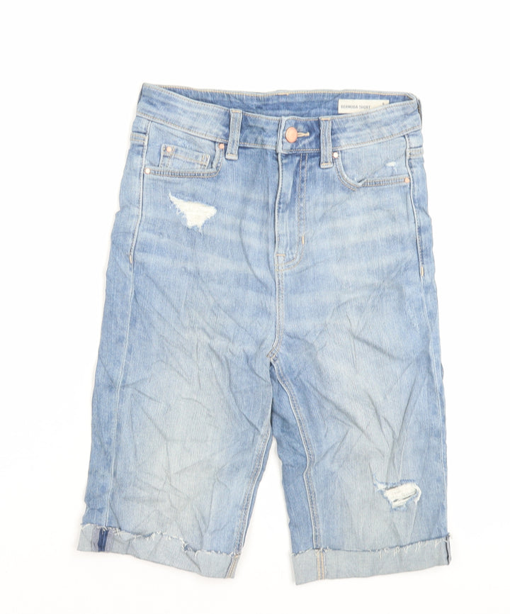 Marks and Spencer Womens Blue Cotton Bermuda Shorts Size 6 L10 in Regular Button - Distressed Shorts