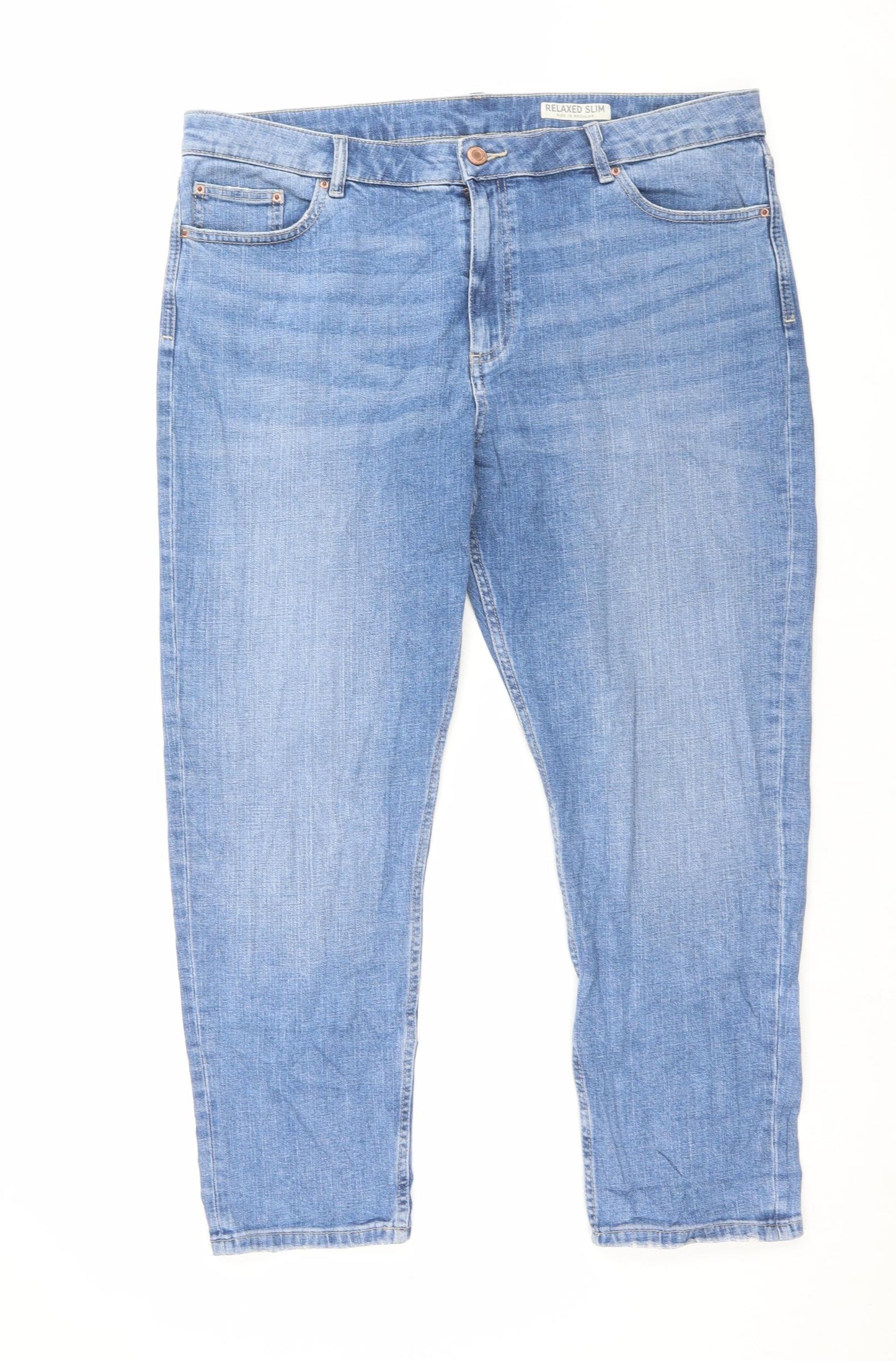Marks and Spencer Womens Blue Cotton Straight Jeans Size 18 L27 in Slim Button - Relaxed