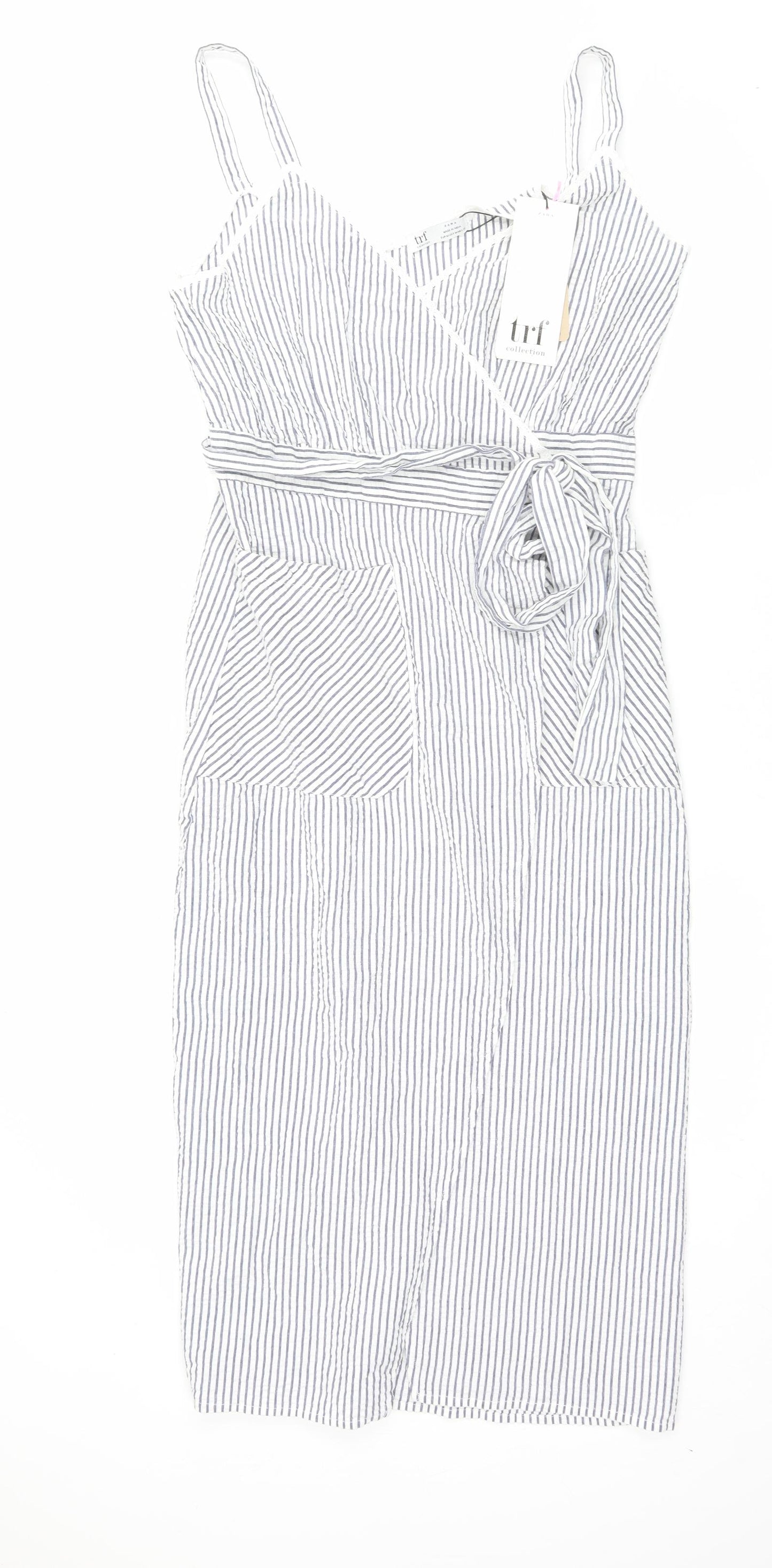 Zara Womens Blue Striped Cotton Wrap Dress Size M V-Neck Pullover
