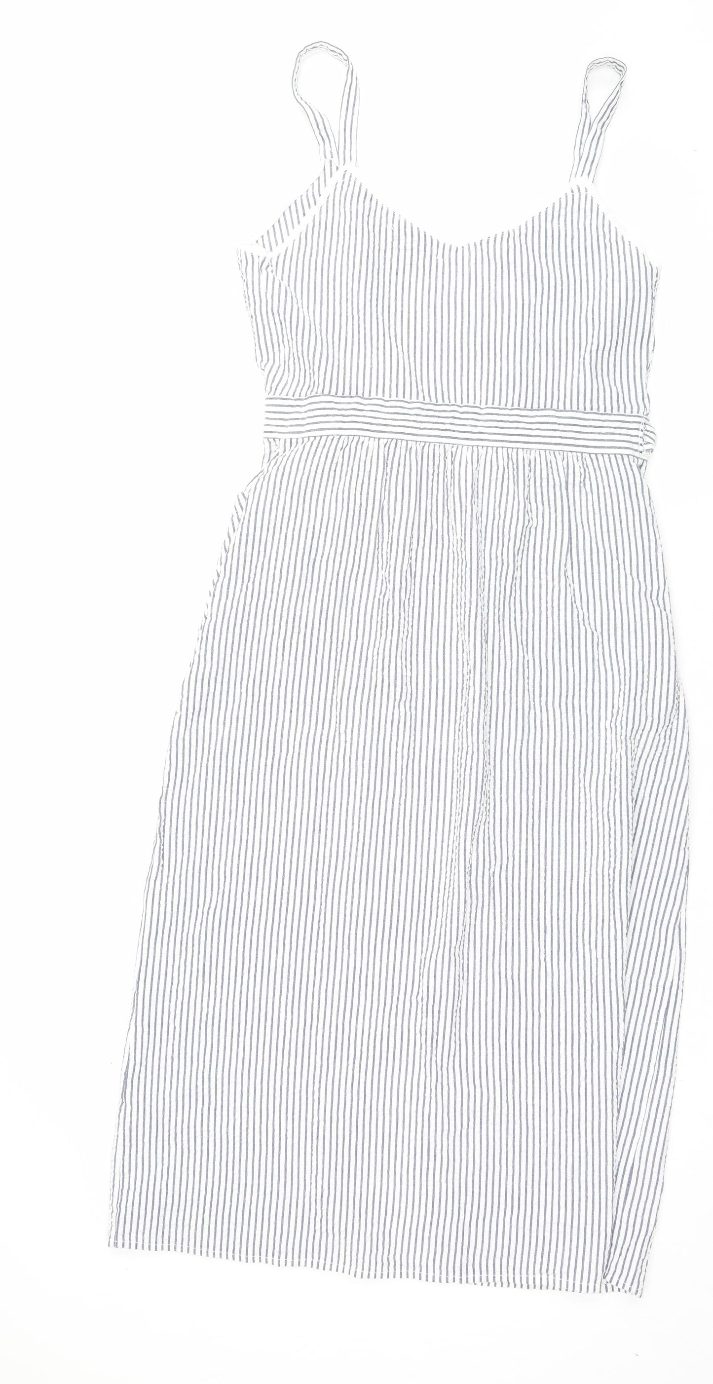 Zara Womens Blue Striped Cotton Wrap Dress Size M V-Neck Pullover