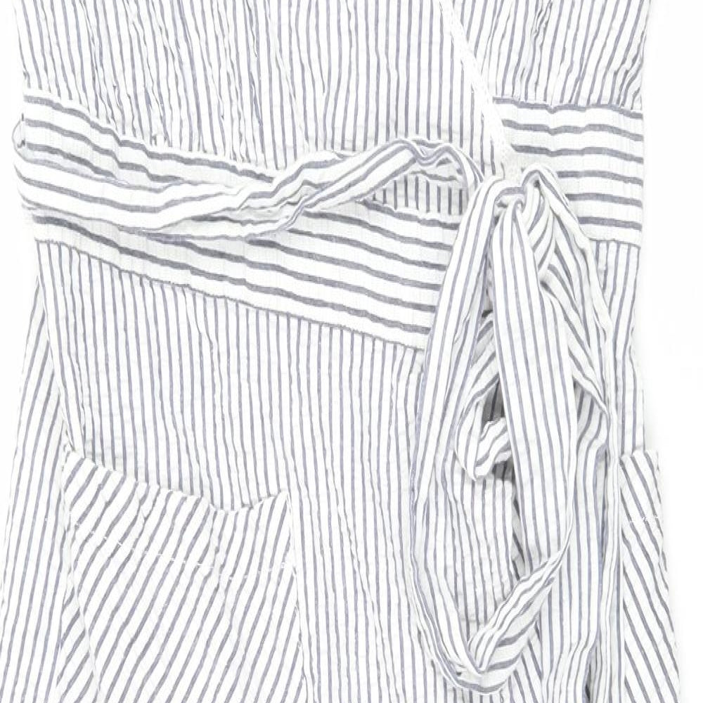 Zara Womens Blue Striped Cotton Wrap Dress Size M V-Neck Pullover