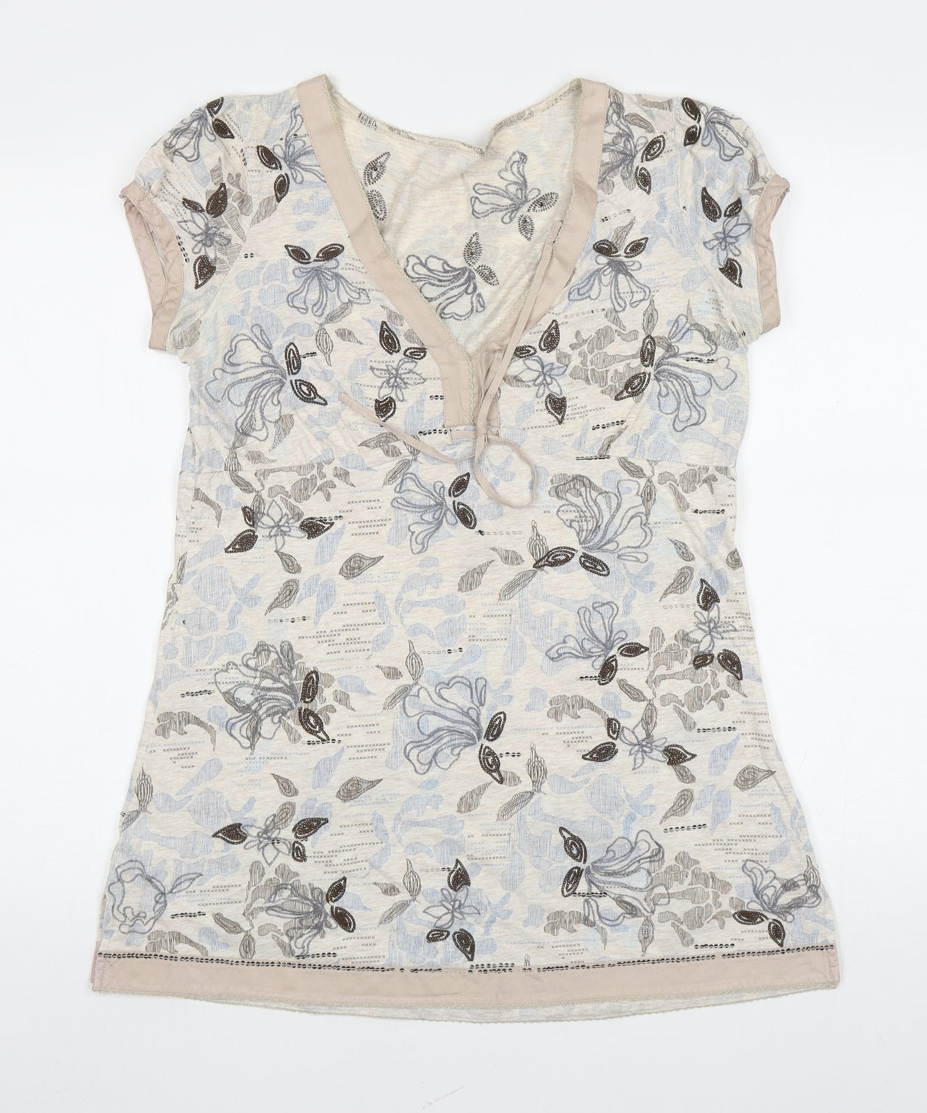 NEXT Womens Beige Floral Cotton Basic T-Shirt Size 12 V-Neck