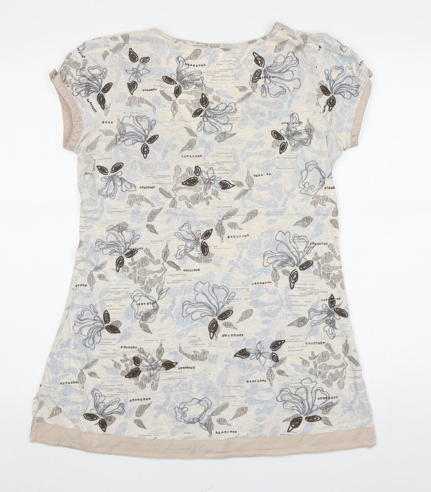 NEXT Womens Beige Floral Cotton Basic T-Shirt Size 12 V-Neck