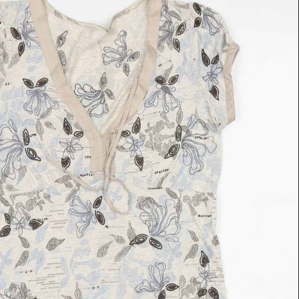 NEXT Womens Beige Floral Cotton Basic T-Shirt Size 12 V-Neck