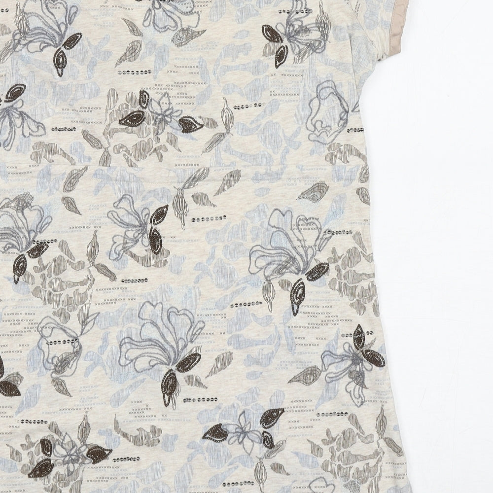 NEXT Womens Beige Floral Cotton Basic T-Shirt Size 12 V-Neck