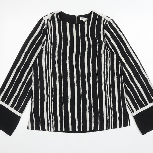Warehouse Womens Black Striped Polyester Basic Blouse Size 8 Round Neck