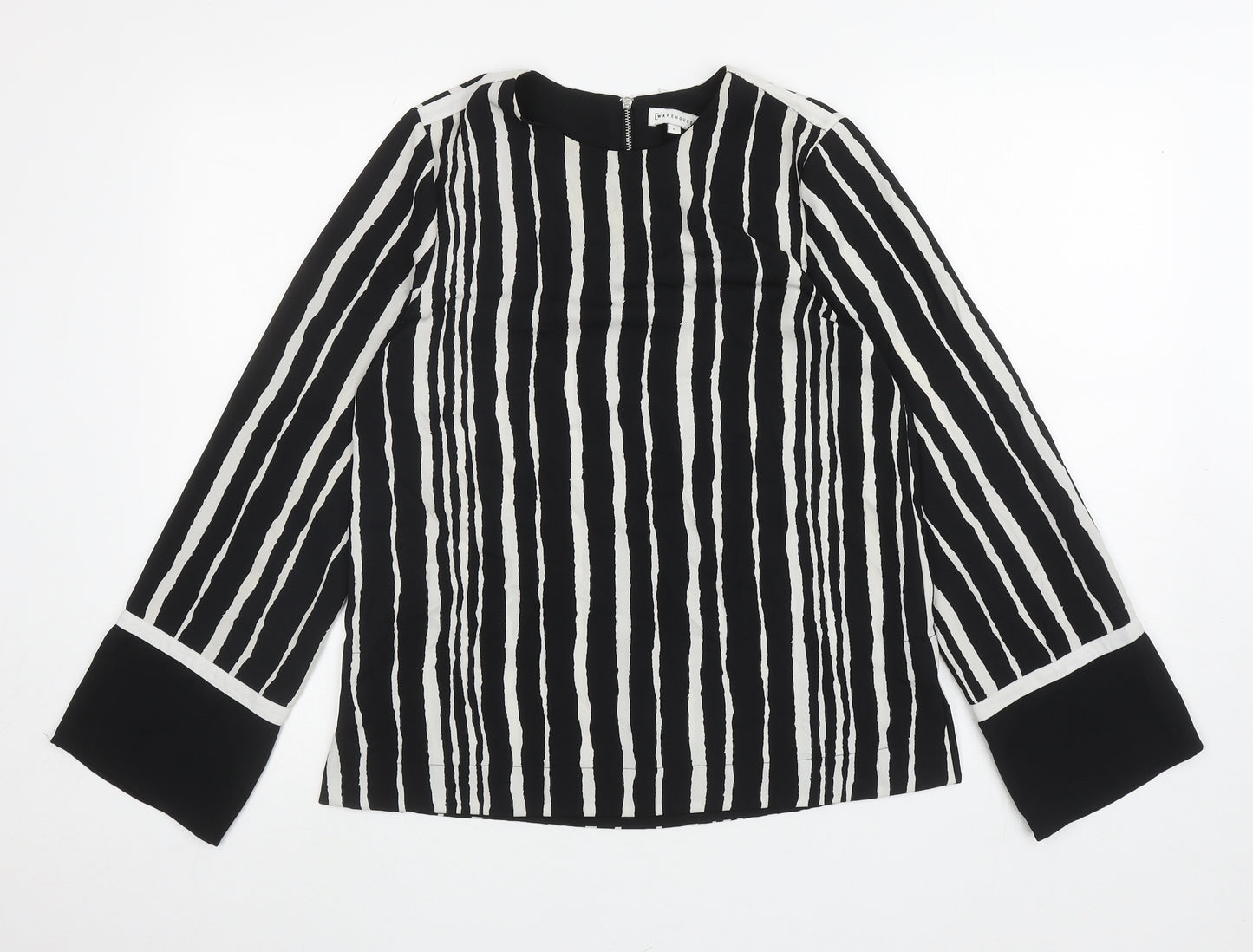 Warehouse Womens Black Striped Polyester Basic Blouse Size 8 Round Neck