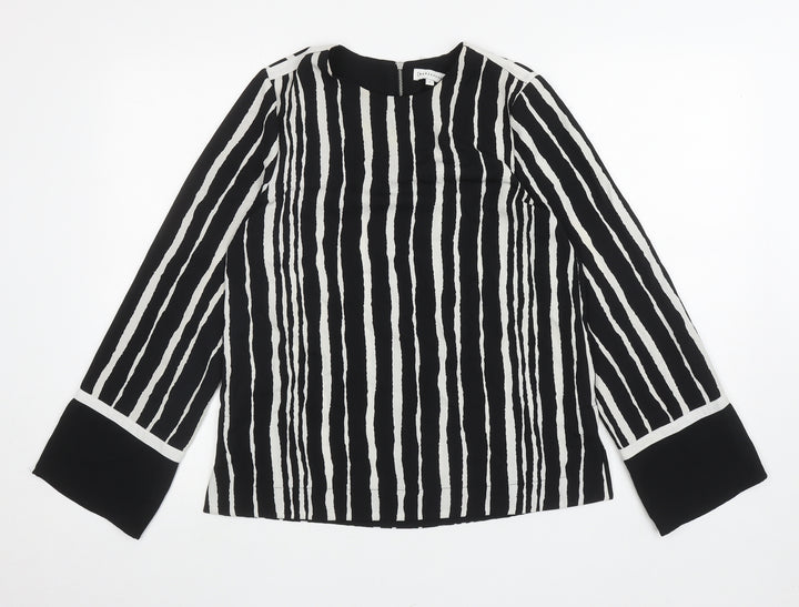 Warehouse Womens Black Striped Polyester Basic Blouse Size 8 Round Neck