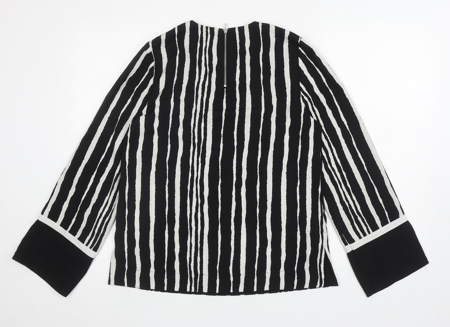Warehouse Womens Black Striped Polyester Basic Blouse Size 8 Round Neck