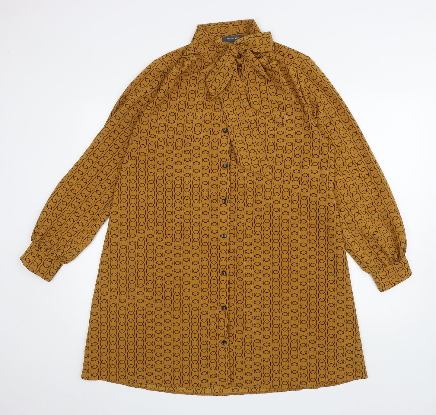 Primark Womens Yellow Geometric Polyester Shirt Dress Size 12 Mock Neck Button