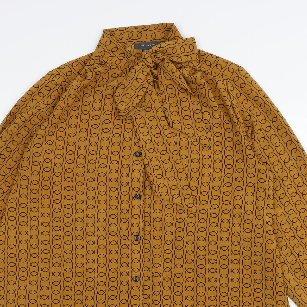 Primark Womens Yellow Geometric Polyester Shirt Dress Size 12 Mock Neck Button