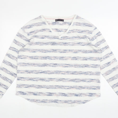 Marks and Spencer Womens White V-Neck Striped Viscose Pullover Jumper Size 14