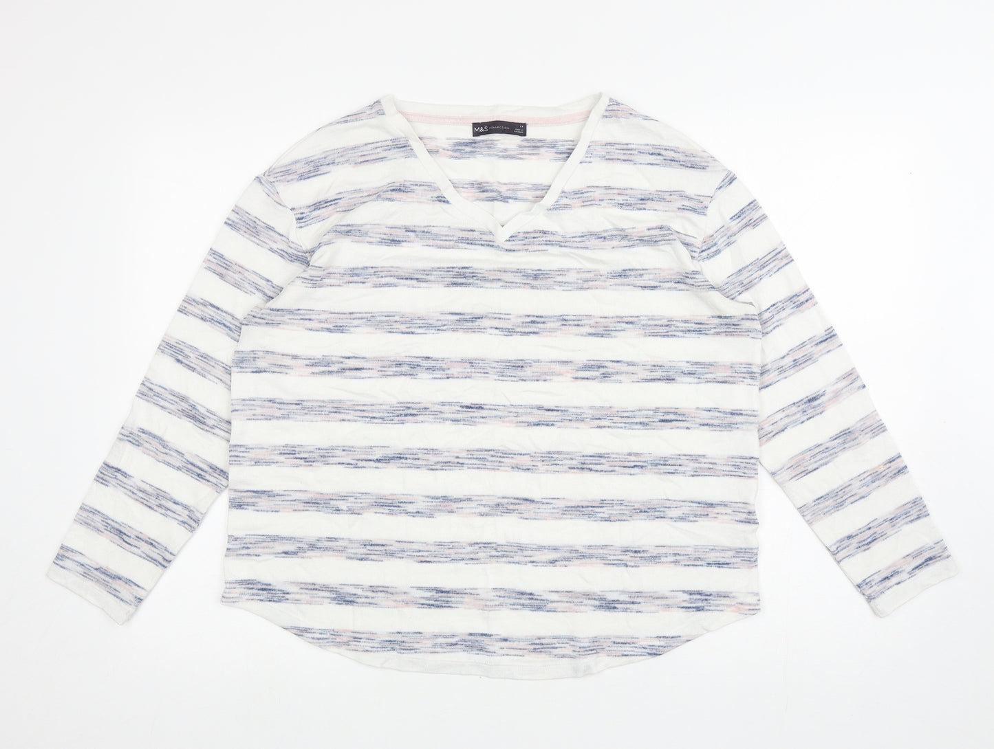 Marks and Spencer Womens White V-Neck Striped Viscose Pullover Jumper Size 14
