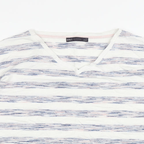 Marks and Spencer Womens White V-Neck Striped Viscose Pullover Jumper Size 14