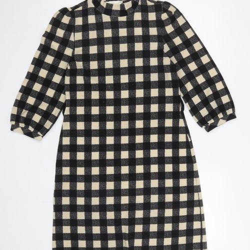 Monteau Womens Black Gingham Polyester A-Line Size M Mock Neck Pullover