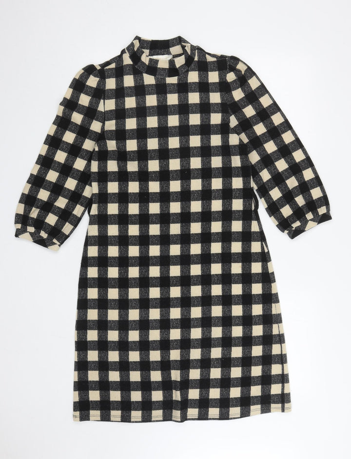 Monteau Womens Black Gingham Polyester A-Line Size M Mock Neck Pullover