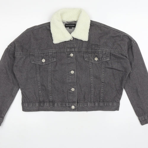 PRETTYLITTLETHING Womens Grey Jacket Size 6 Button - Faux Fur Collar
