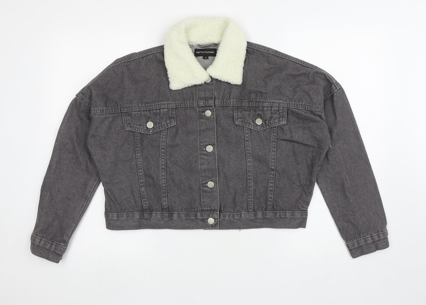 PRETTYLITTLETHING Womens Grey Jacket Size 6 Button - Faux Fur Collar