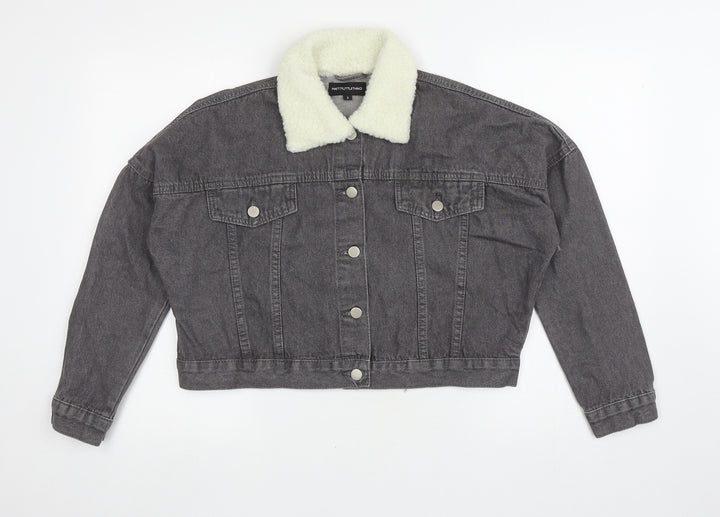 PRETTYLITTLETHING Womens Grey Jacket Size 6 Button - Faux Fur Collar