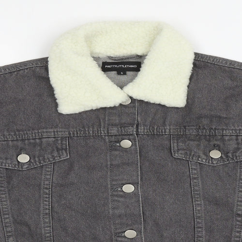 PRETTYLITTLETHING Womens Grey Jacket Size 6 Button - Faux Fur Collar