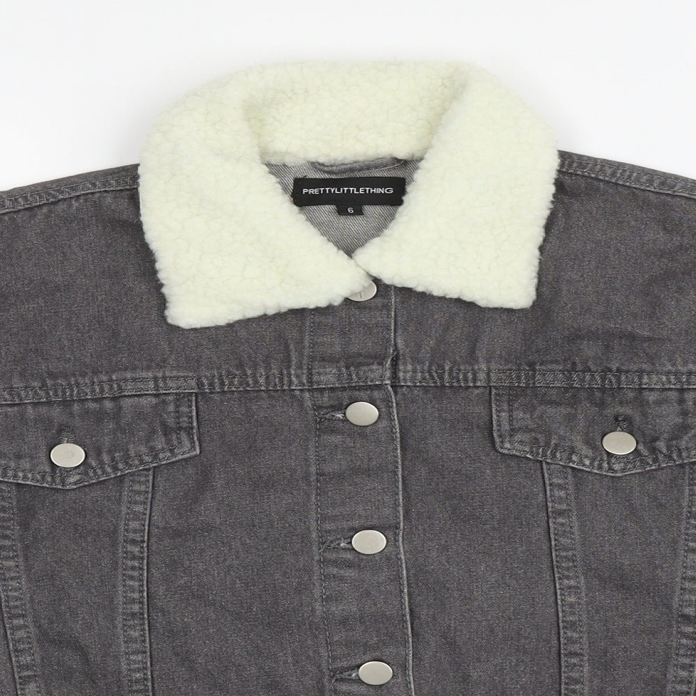 PRETTYLITTLETHING Womens Grey Jacket Size 6 Button - Faux Fur Collar