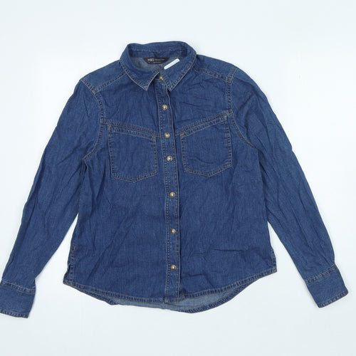 Marks and Spencer Womens Blue Herringbone Cotton Basic Button-Up Size 6 Collared