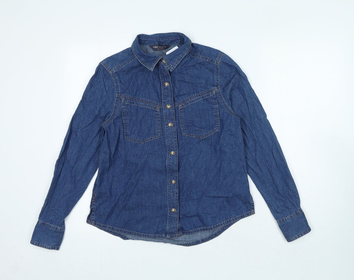 Marks and Spencer Womens Blue Herringbone Cotton Basic Button-Up Size 6 Collared