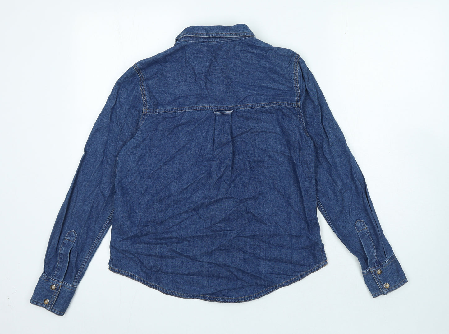 Marks and Spencer Womens Blue Herringbone Cotton Basic Button-Up Size 6 Collared