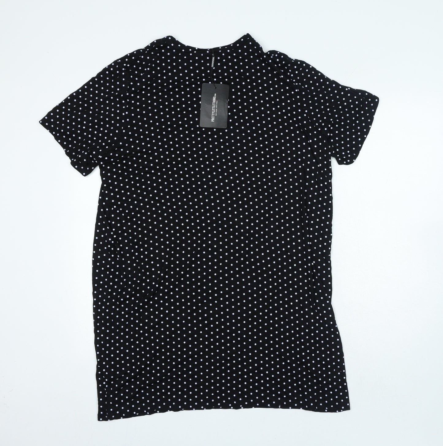 PRETTYLITTLETHING Womens Black Polka Dot Viscose Slip Dress Size 12 Roll Neck Pullover